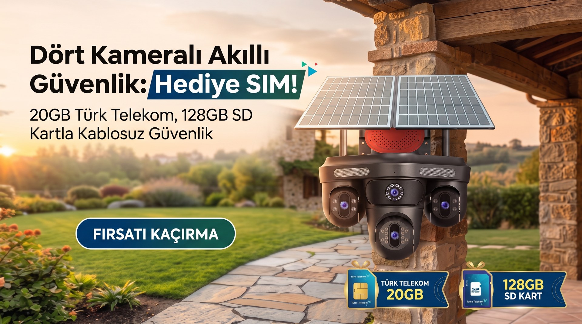 3 Otomatik PTZ Kamera + 1 Sabit Kamera Toplam 4 Kameralı 20GB Her Ay yenilenen Türk Telekom Hatlı
