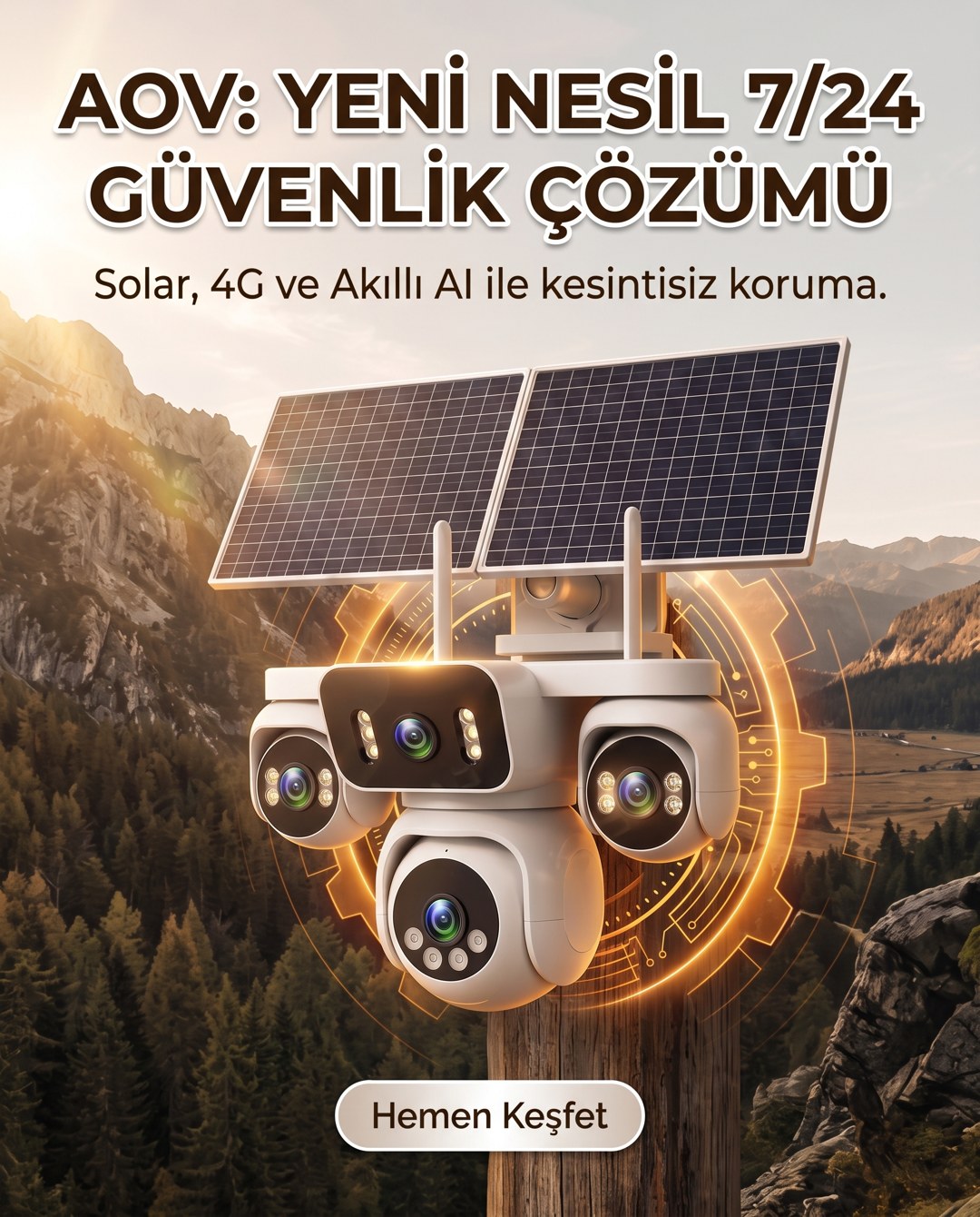 4 Kameralı Solar Panelli Güneş Enerjili Uzaktan Kontrol ,7/24 Aralıksız kayıt, 2 Solar Panel,AI