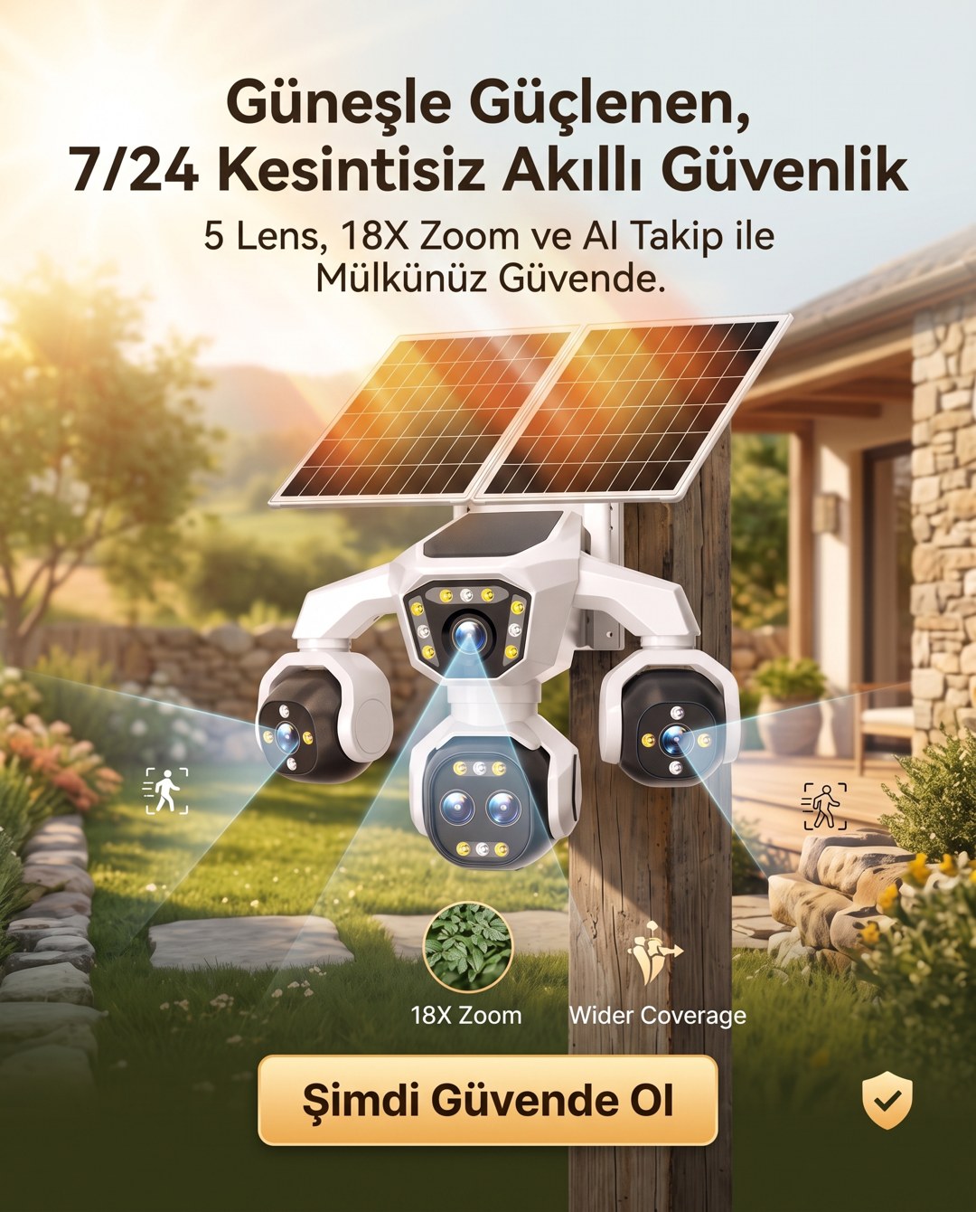 5 Kameralı Güneş Enerjili 18X Optik Zoom Solar Panelli Profesyonel Dış Mekân Güvenlik Kamerası 100TT