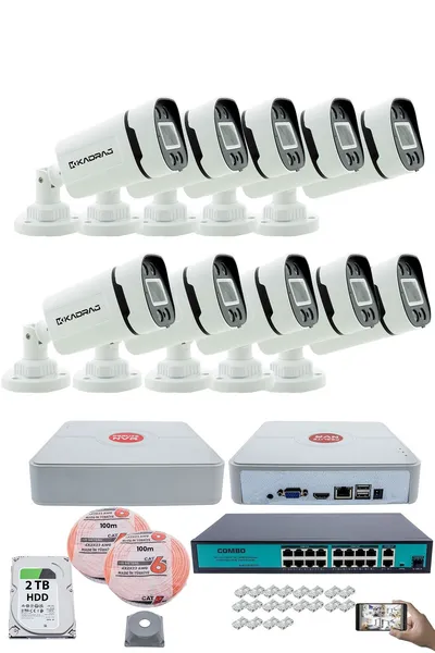 Kadraj 10 Kameralı Güvenlik IP Kamera Seti - 4MP Dış Mekan Kamera, 3.6mm Lens, H.265+, PoE, Gece Renkli Görüş, 16 Kanal NVR, 16 Port PoE Switch, 2TB HDD