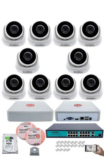 Kadraj 10 Kameralı IP Dome Güvenlik Kamerası Seti | 4MP Ultra HD, 30m Gece Görüş, Ses Alma, Uzaktan İzleme + 2TB H.D.D + 200M Cat 6