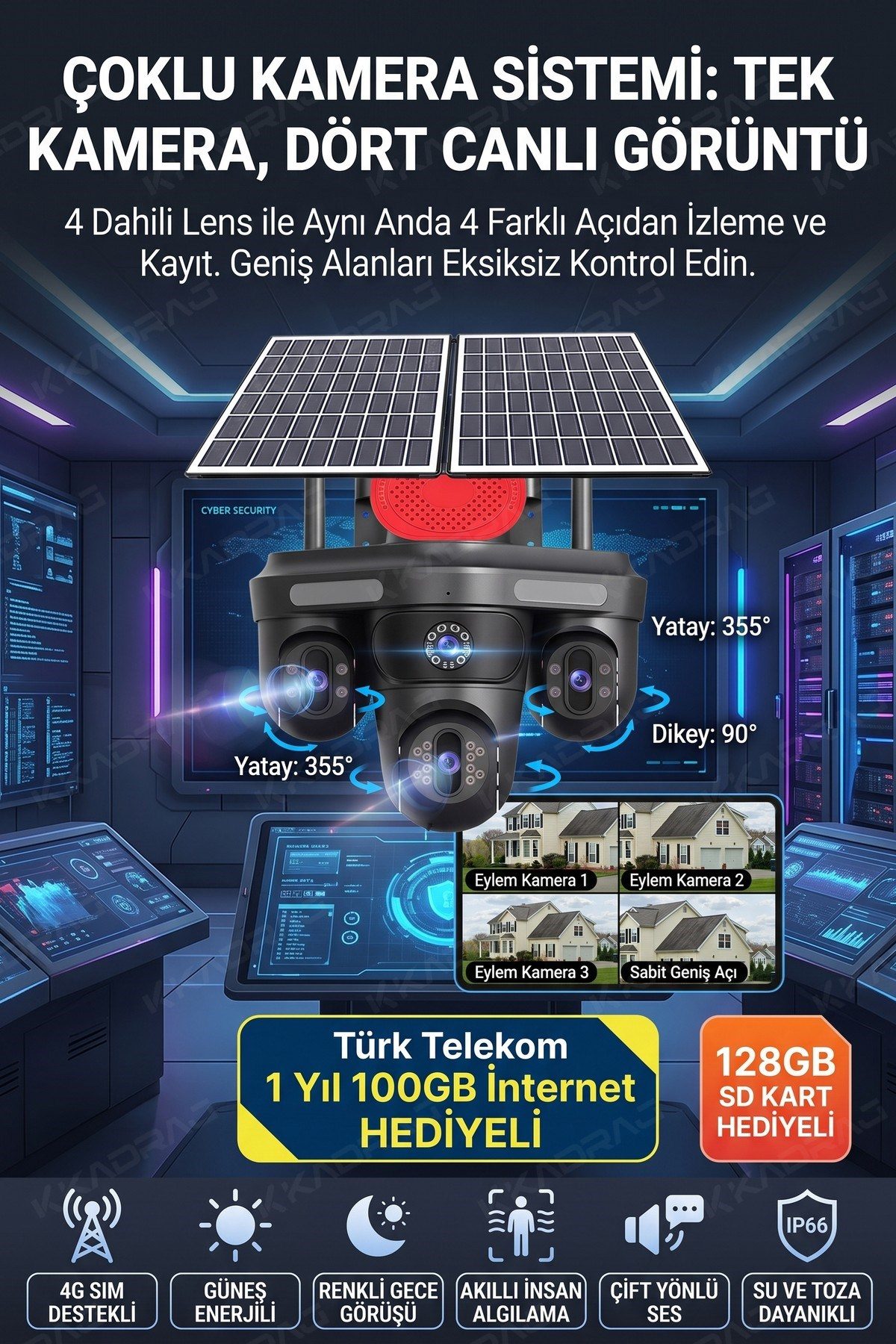 Kadraj 100GB TURK TELEKOM HER AY + 4 Kameralı (3 Hareketli + 1 Sabit) + Alarm + Çakar + AI + 128GB SD Kart - görsel 7