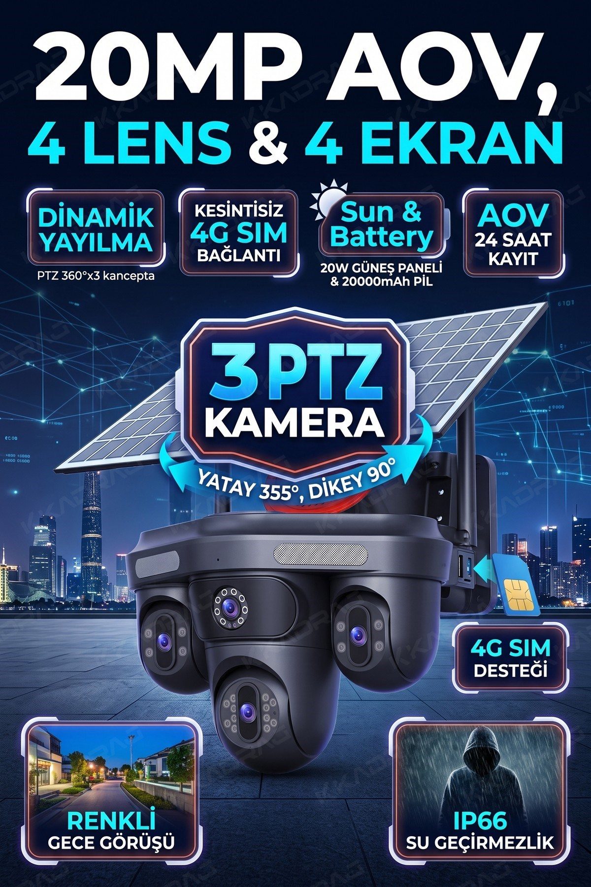 Kadraj 100GB TURK TELEKOM HER AY + 4 Kameralı (3 Hareketli + 1 Sabit) + Alarm + Çakar + AI + 128GB SD Kart - görsel 5