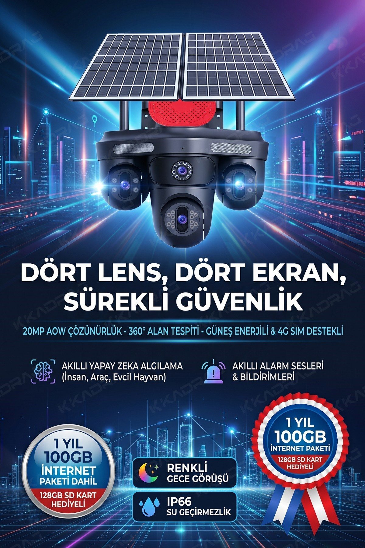 Kadraj 100GB TURK TELEKOM HER AY + 4 Kameralı (3 Hareketli + 1 Sabit) + Alarm + Çakar + AI + 128GB SD Kart - görsel 12