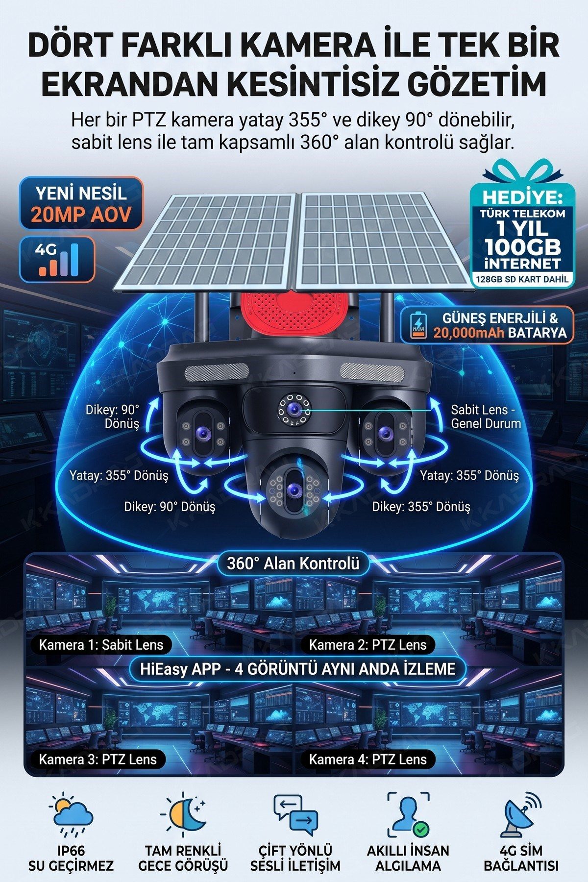Kadraj 100GB TURK TELEKOM HER AY + 4 Kameralı (3 Hareketli + 1 Sabit) + Alarm + Çakar + AI + 128GB SD Kart - görsel 3