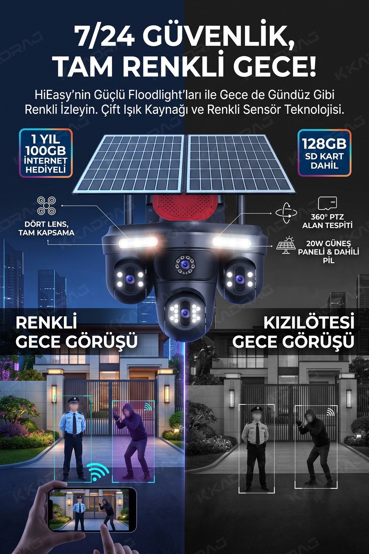 Kadraj 100GB TURK TELEKOM HER AY + 4 Kameralı (3 Hareketli + 1 Sabit) + Alarm + Çakar + AI + 128GB SD Kart - görsel 4