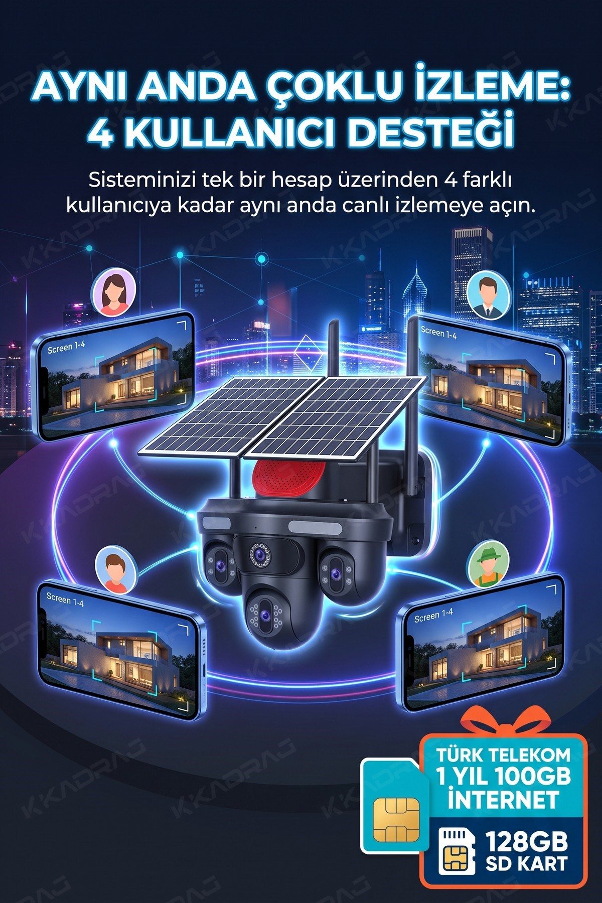 Kadraj 100GB TURK TELEKOM HER AY + 4 Kameralı (3 Hareketli + 1 Sabit) + Alarm + Çakar + AI + 128GB SD Kart - görsel 5