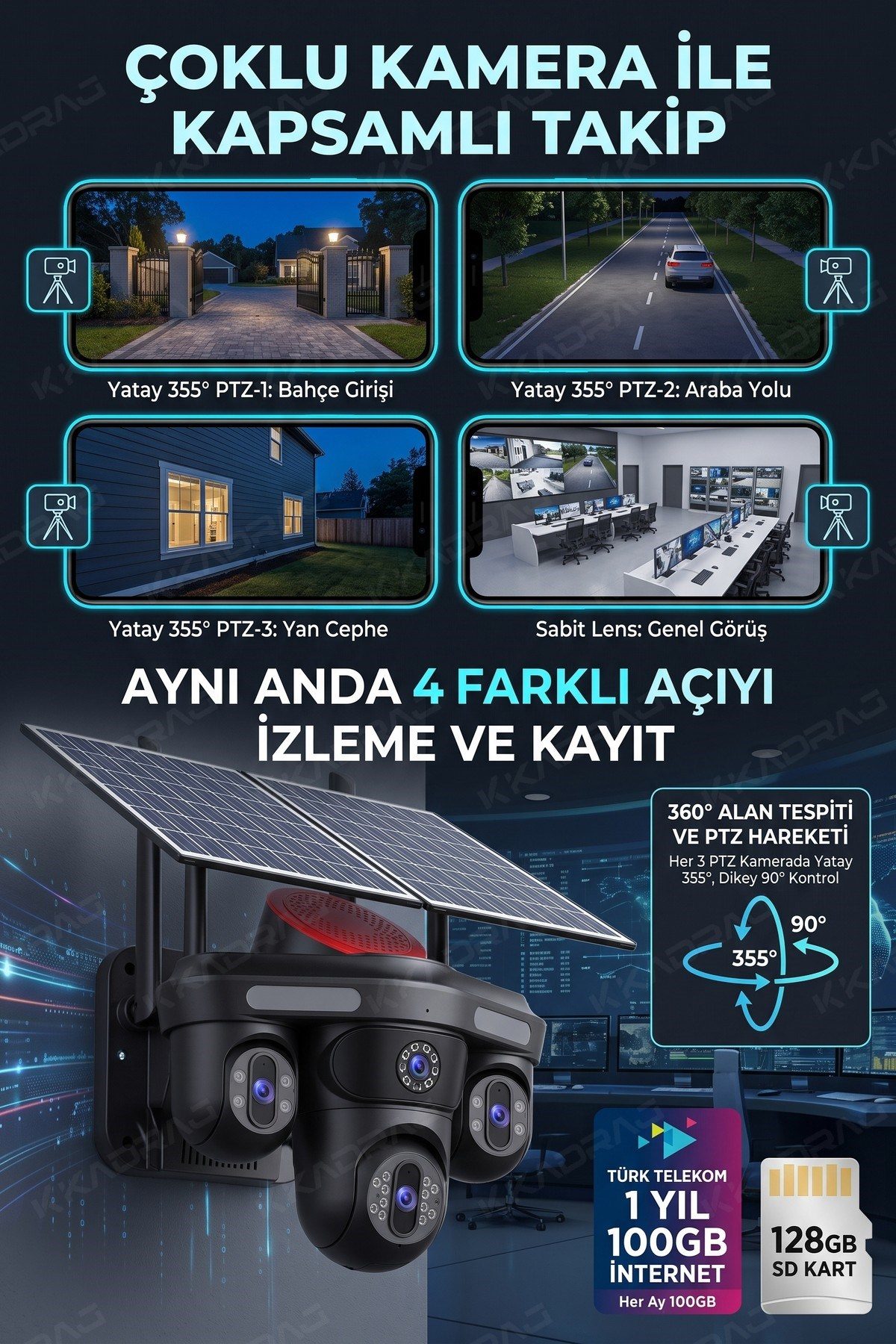 Kadraj 100GB TURK TELEKOM HER AY + 4 Kameralı (3 Hareketli + 1 Sabit) + Alarm + Çakar + AI + 128GB SD Kart - görsel 8