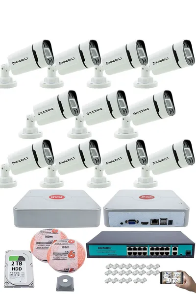 Kadraj 11 Kameralı Güvenlik IP Kamera Seti - 4MP Dış Mekan Kamera, 3.6mm Lens, H.265+, PoE, Gece Renkli Görüş, 16 Kanal NVR, 16 Port PoE Switch, 2TB HDD