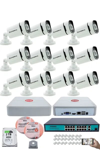 Kadraj 12 Kameralı Güvenlik IP Kamera Seti - 4MP Dış Mekan Kamera, 3.6mm Lens, H.265+, PoE, Gece Renkli Görüş, 16 Kanal NVR, 16 Port PoE Switch, 2TB HDD