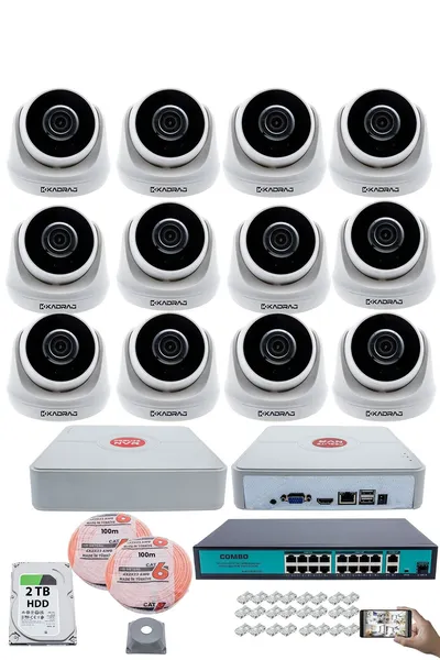 Kadraj 12 Kameralı IP Dome Güvenlik Kamerası Seti | 4MP Ultra HD, 30m Gece Görüş, Ses Alma, Uzaktan İzleme + 2TB H.D.D + 200M Cat6