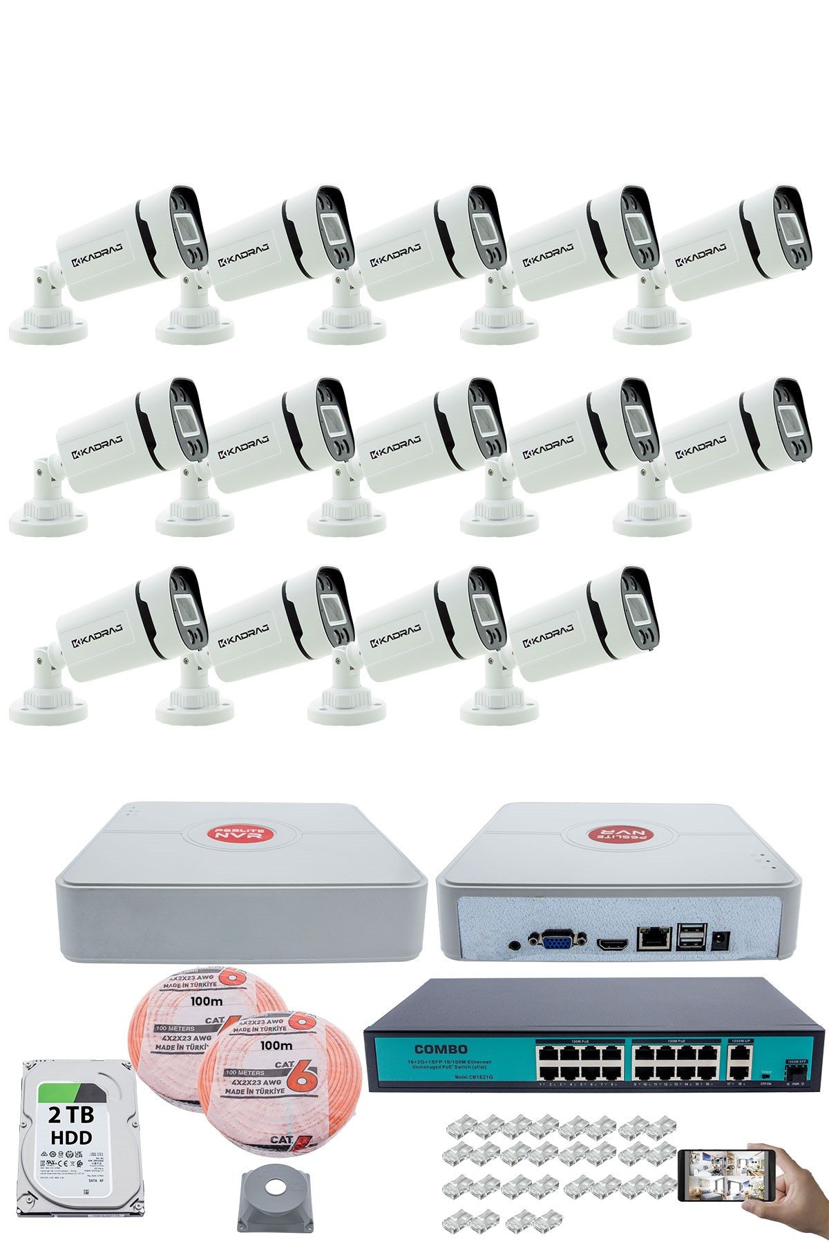 Kadraj 14 Kameralı Güvenlik IP Kamera Seti - 4MP Dış Mekan Kamera, 3.6mm Lens, H.265+, PoE, Gece Renkli Görüş, 16 Kanal NVR, 16 Port PoE Switch, 2TB HDD