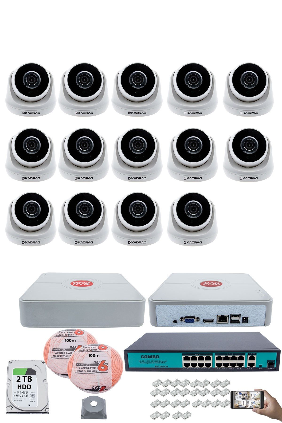 Kadraj 14 Kameralı IP Dome Güvenlik Kamerası Seti | 4MP Ultra HD, 30m Gece Görüş, Ses Alma, Uzaktan İzleme + 2TB H.D.D + 200M Cat6