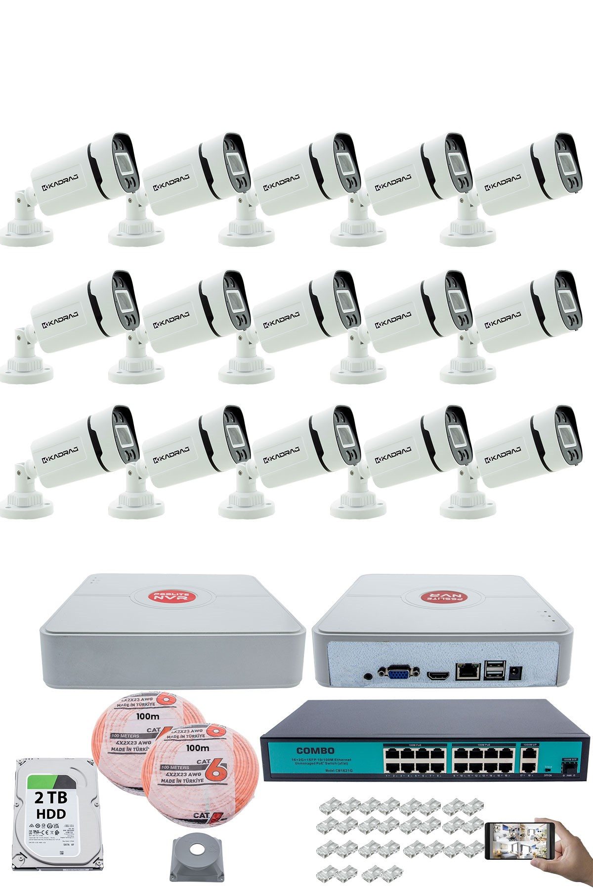 Kadraj 15 Kameralı Güvenlik IP Kamera Seti - 4MP Dış Mekan Kamera, 3.6mm Lens, H.265+, PoE, Gece Renkli Görüş, 16 Kanal NVR, 16 Port PoE Switch, 2TB HDD