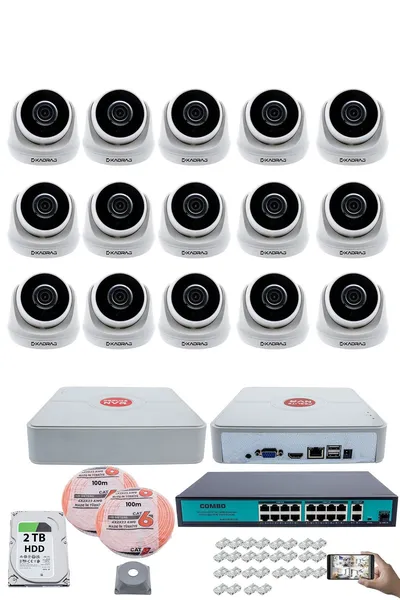 Kadraj 15 Kameralı IP Dome Güvenlik Kamerası Seti | 4MP Ultra HD, 30m Gece Görüş, Ses Alma, Uzaktan İzleme + 2TB H.D.D + 200M Cat6