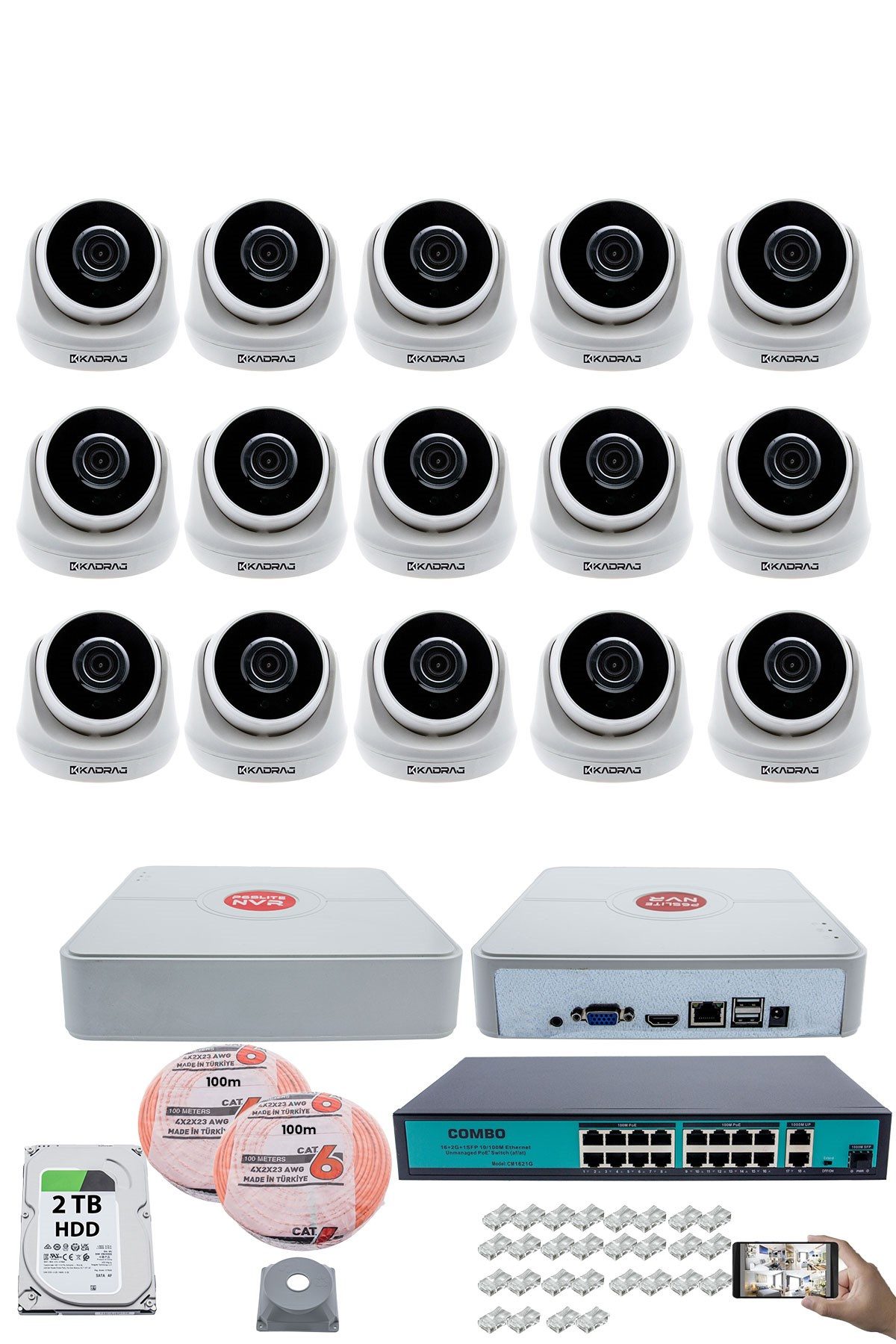 Kadraj 15 Kameralı IP Dome Güvenlik Kamerası Seti | 4MP Ultra HD, 30m Gece Görüş, Ses Alma, Uzaktan İzleme + 2TB H.D.D + 200M Cat6