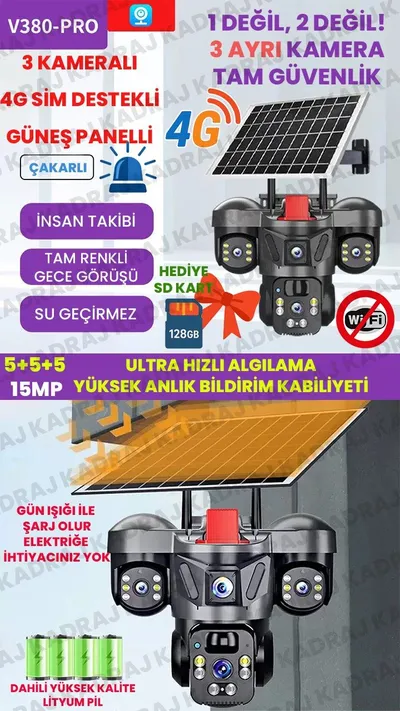 Kadraj 15MP 3 Kameralı Sim Kartlı Kamera, Solar Panelli Kamera,İnsan Algılama, Hareket Takibi, Sesli Alar, Çakarlı Kamera