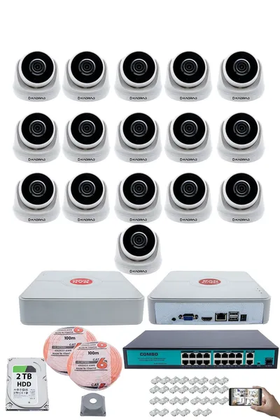 Kadraj 16 Kameralı IP Dome Güvenlik Kamerası Seti | 4MP Ultra HD, 30m Gece Görüş, Ses Alma, Uzaktan İzleme + 2TB H.D.D + 200M Cat6