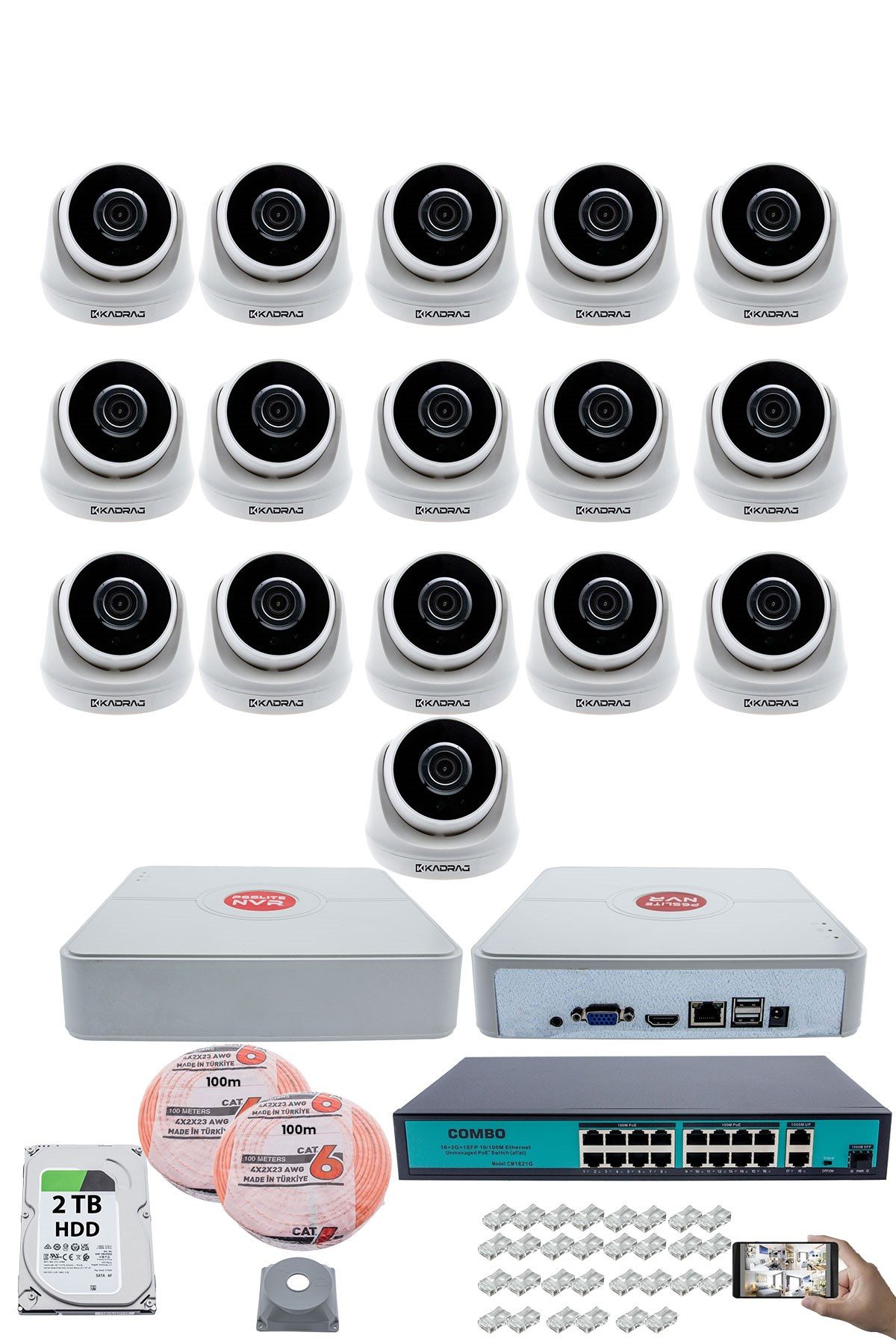 Kadraj 16 Kameralı IP Dome Güvenlik Kamerası Seti | 4MP Ultra HD, 30m Gece Görüş, Ses Alma, Uzaktan İzleme + 2TB H.D.D + 200M Cat6