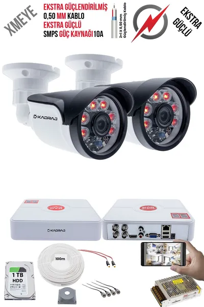 Kadraj 2 Kameralı Güvenlik Kamera Seti - Ekstra Uzun Mesafeli Güçlü, 5MP Sony Lens, 70m Dayanıklı Kablolama, 6 Atom LED, 1TB H.D.D
