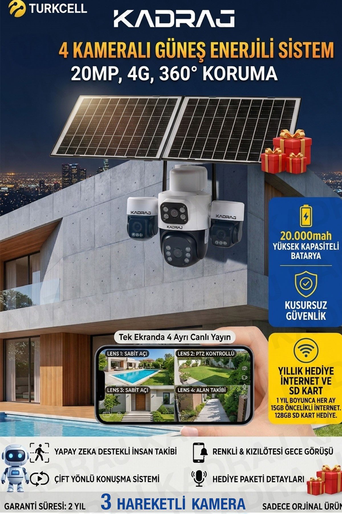 Kadraj 3 Kamera Hareketli 4G Kamera, 4 Kameralı, 2 Solar Panelli, 59wh Yüksek Batarya, Alarm , İnsan Algılama - görsel 2