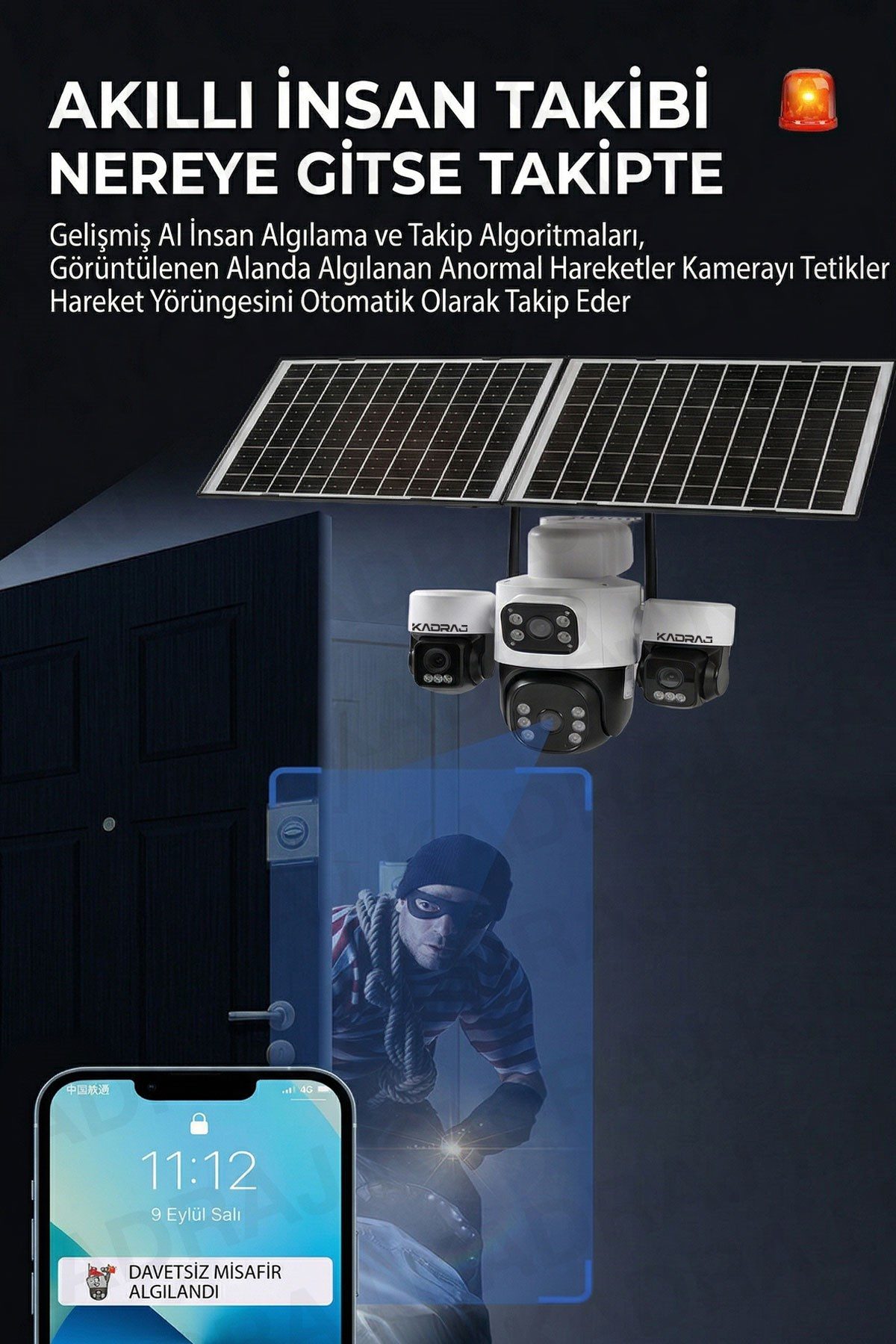 Kadraj 3 Kamera Hareketli 4G Kamera, 4 Kameralı, 2 Solar Panelli, 59wh Yüksek Batarya, Alarm , İnsan Algılama - görsel 4