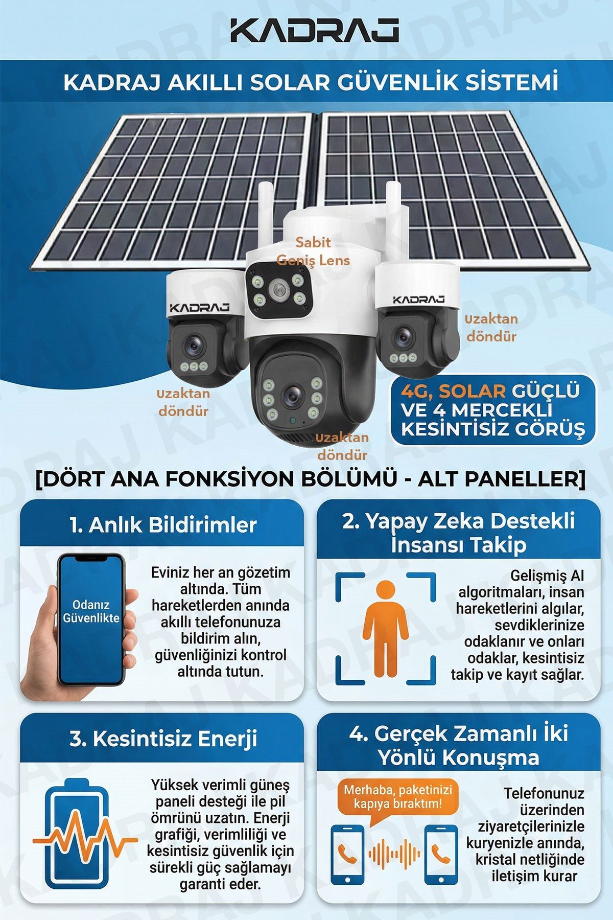 Kadraj 3 Kamera Hareketli 4G Kamera, 4 Kameralı, 2 Solar Panelli, 59wh Yüksek Batarya, Alarm , İnsan Algılama - görsel 2