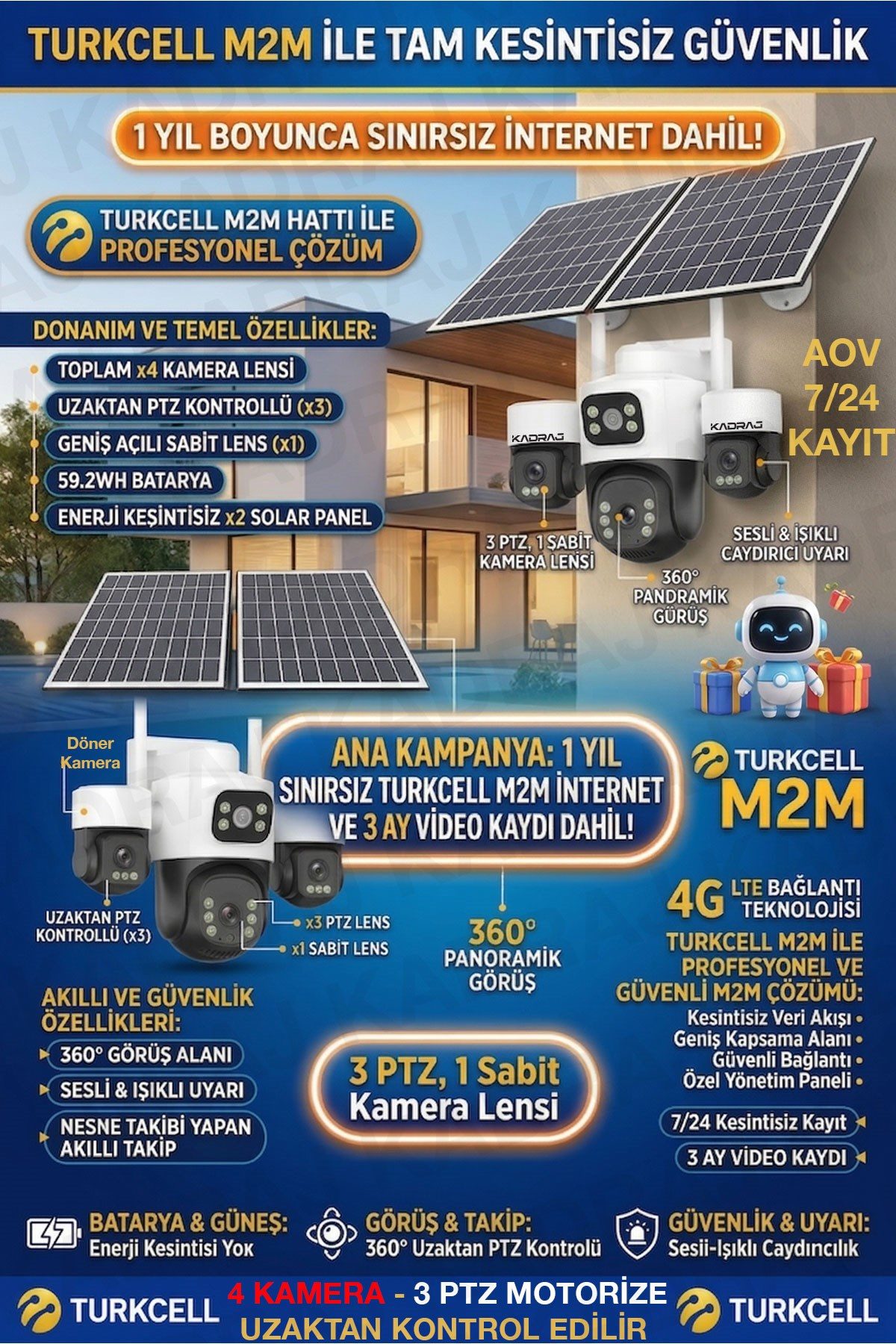 Kadraj 3 Kamera Hareketli 4G Kamera, 4 Kameralı, 2 Solar Panelli, 59wh Yüksek Batarya, Alarm , İnsan Algılama