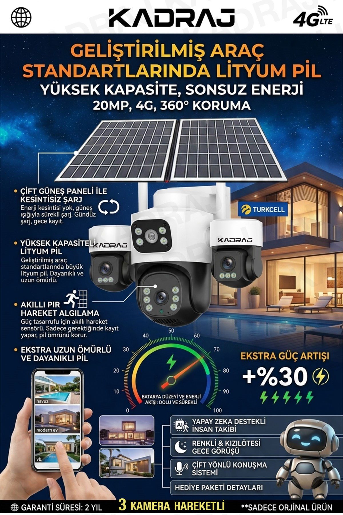 Kadraj 3 Kamera Hareketli 4G Kamera, 4 Kameralı, 2 Solar Panelli, 59wh Yüksek Batarya, Alarm , İnsan Algılama - görsel 3