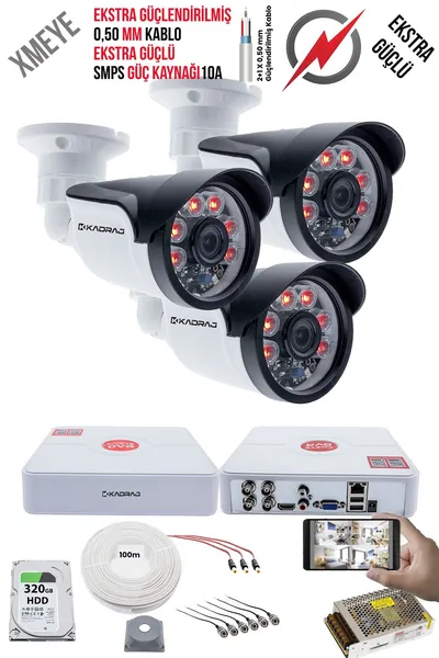 Kadraj 3 Kameralı Güvenlik Kamera Seti - Ekstra Uzun Mesafeli Güçlü, 5MP Sony Lens, 70m Dayanıklı Kablolama, 6 Atom LED, 320GB H.D.D