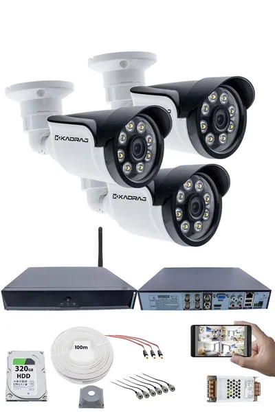 Kadraj 3 Kameralı Güvenlik Seti - 5MP Sony SecuLens, 1080p AHD, 8 Warm LED, Gece Renkli Görüş, Full HD, 5MP DVR + WiFi Adaptörü, V1