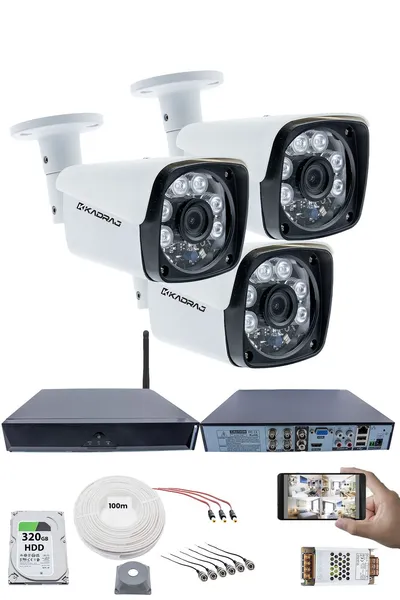 Kadraj 3 Kameralı Güvenlik Seti - 5MP Sony SecuLens, 1080P Full HD AHD, Gece Görüşlü, 6 Atom LED, 5MP DVR + WiFi Adaptörü, V1"