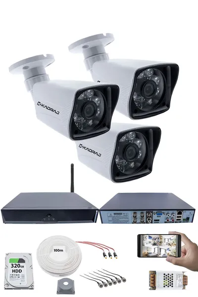 Kadraj 3 Kameralı Güvenlik Seti - 5MP Sony SecuLens, 1080P Full HD AHD, 6 Atom LED, Gece Görüşü, Su Geçirmez, 5MP DVR + WiFi Adaptörü, V1