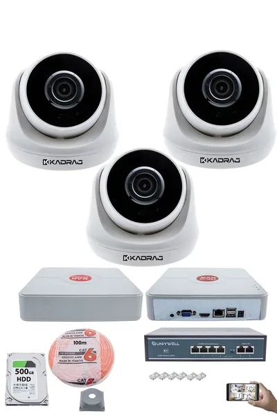 Kadraj 3 Kameralı IP Dome Güvenlik Kamerası Seti | 4MP Ultra HD, 30m Gece Görüş, Ses Alma, Uzaktan İzleme