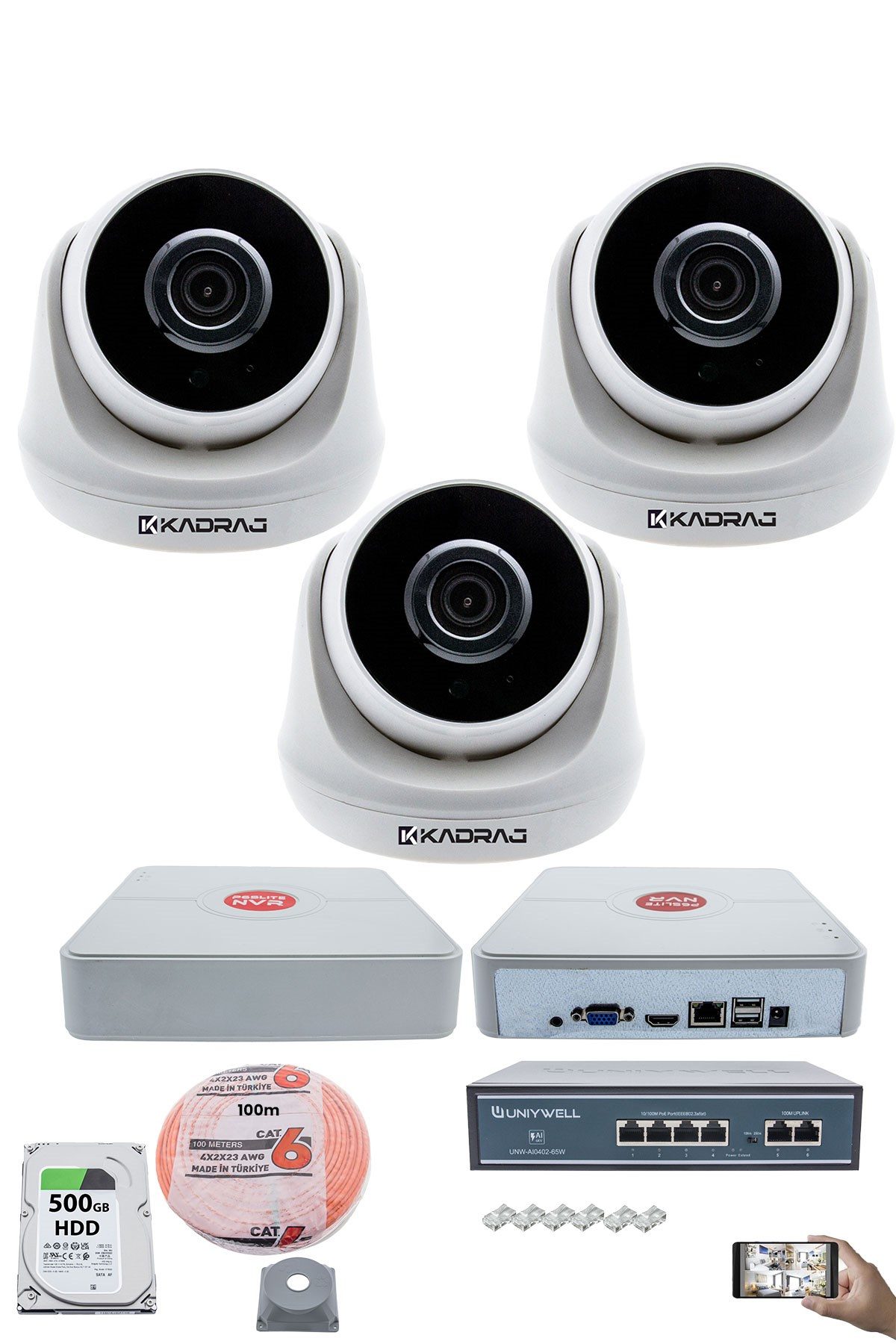 Kadraj 3 Kameralı IP Dome Güvenlik Kamerası Seti | 4MP Ultra HD, 30m Gece Görüş, Ses Alma, Uzaktan İzleme