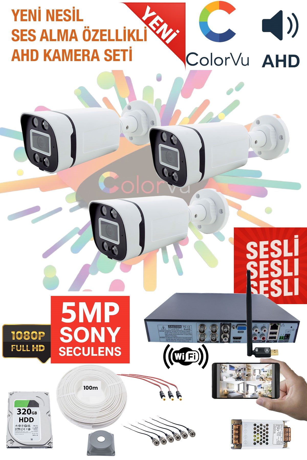 Kadraj 3 Kameralı Sesli Güvenlik Kamera Seti - Gece Renkli, 5MP Sony SecuLens, 1080p Full HD AHD, 4 Warm LED, 5MP DVR + WiFi Adaptörü, V2