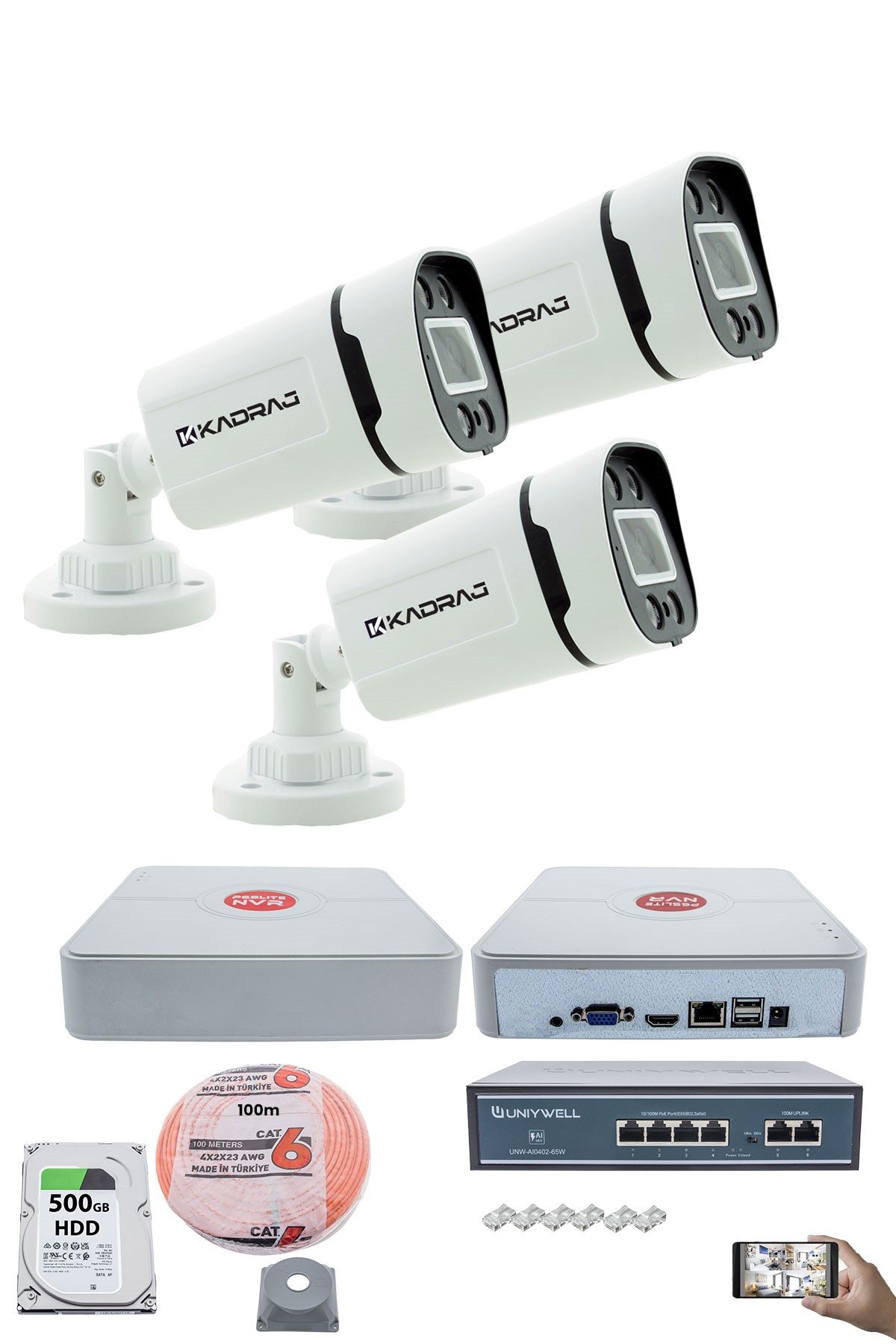 Kadraj 3'lü Güvenlik IP Kamera Seti - 4MP Dış Mekan Kamera H42, 3.6mm Lens, H.265, PoE, Warm IR Gece Görüşü, 9 Kanal NVR, 4 Port PoE Switch, 100 Metre CAT6