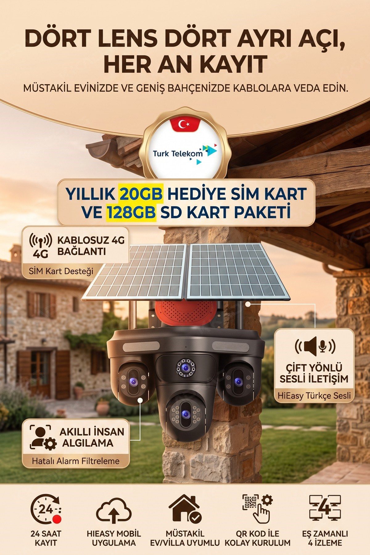Kadraj 3 Otomatik PTZ Kamera + 1 Sabit Kamera Toplam 4 Kameralı 20GB Her Ay yenilenen Türk Telekom Hatlı