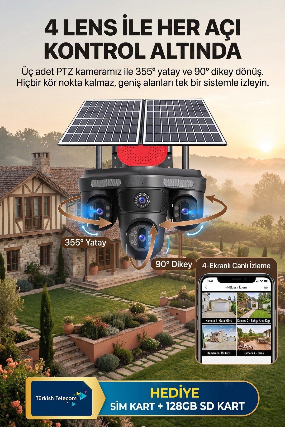 Kadraj 3 Otomatik PTZ Kamera + 1 Sabit Kamera Toplam 4 Kameralı 20GB Her Ay yenilenen Türk Telekom Hatlı - görsel 9