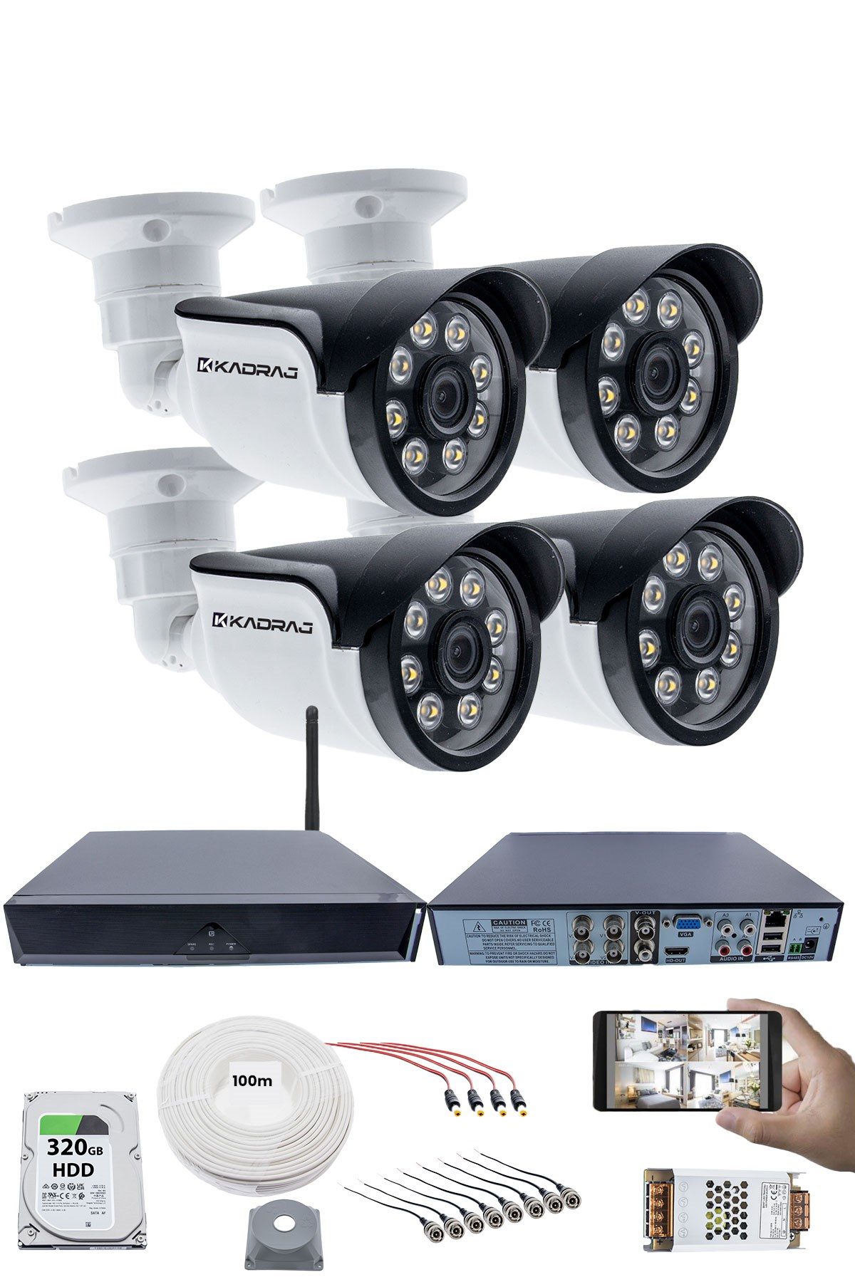 Kadraj 4 Güvenlik Kamera Seti - 5MP Sony SecuLens, 1080p Güvenlik Kamerası, 8 Warm LED, Colorvu Gece Renkli Görüş, Su Geçirmez, Full HD,V1