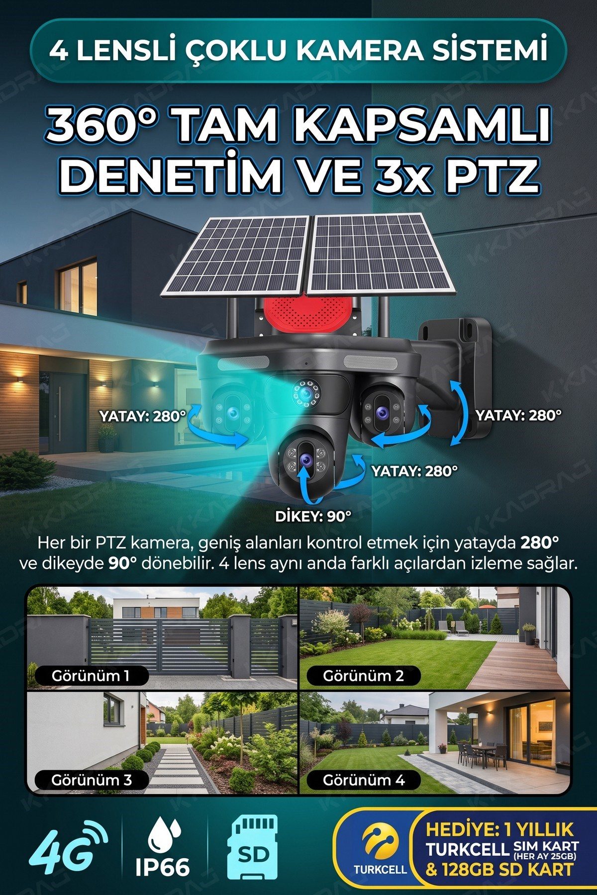 Kadraj 4 KAMERA - 3 PTZ OTOMATIK + 2 SOLAR PANEL - 4G + eSIM - 25GB TURKCELL - 128GB SD KART + AI + X99TC25 - görsel 5
