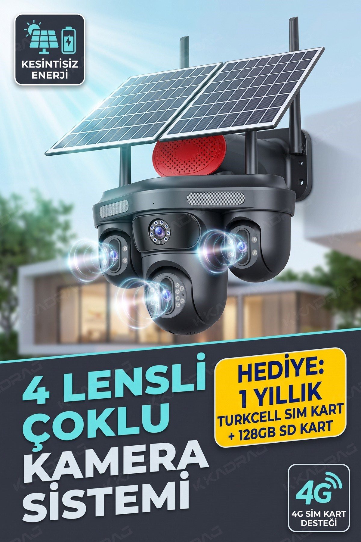 Kadraj 4 KAMERA - 3 PTZ OTOMATIK + 2 SOLAR PANEL - 4G + eSIM - 25GB TURKCELL - 128GB SD KART + AI + X99TC25