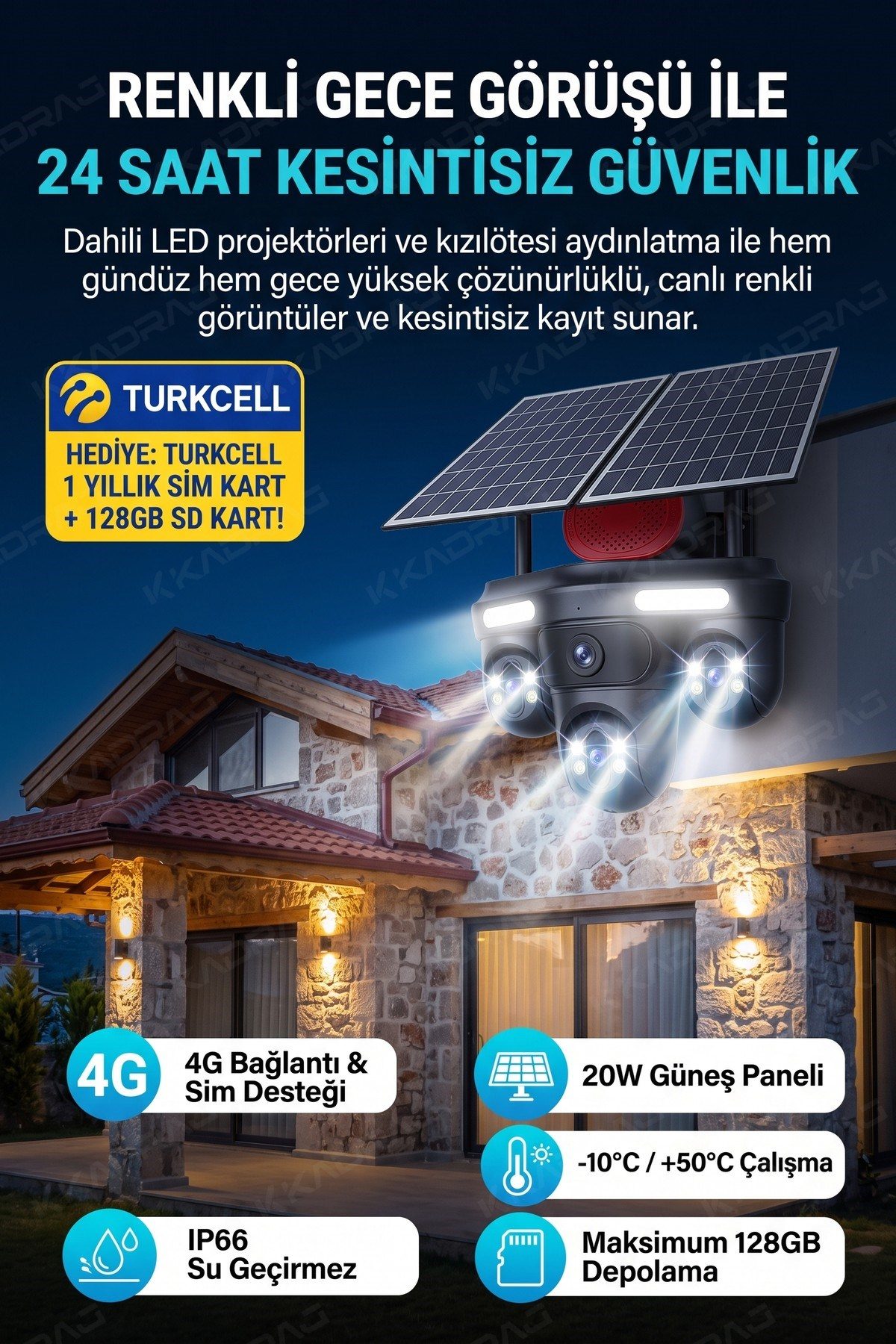 Kadraj 4 KAMERA - 3 PTZ OTOMATIK + 2 SOLAR PANEL - 4G + eSIM - 25GB TURKCELL - 128GB SD KART + AI + X99TC25 - görsel 4