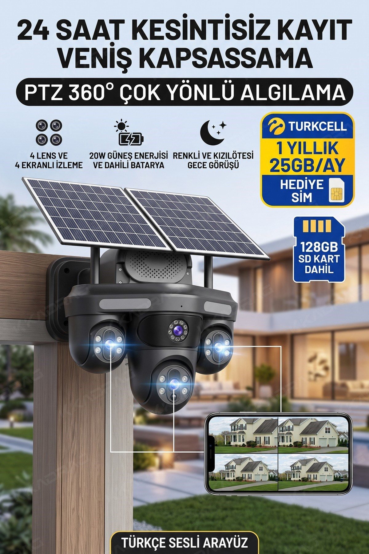 Kadraj 4 KAMERA - 3 PTZ OTOMATIK + 2 SOLAR PANEL - 4G + eSIM - 25GB TURKCELL - 128GB SD KART + AI + X99TC25 - görsel 8