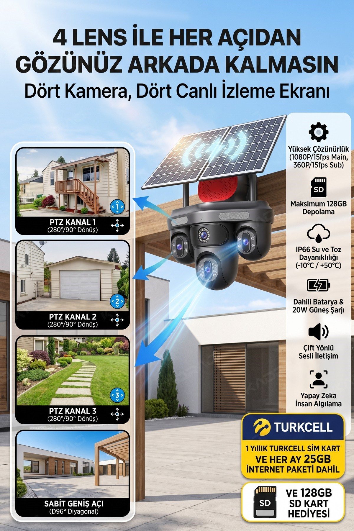 Kadraj 4 KAMERA - 3 PTZ OTOMATIK + 2 SOLAR PANEL - 4G + eSIM - 25GB TURKCELL - 128GB SD KART + AI + X99TC25 - görsel 6
