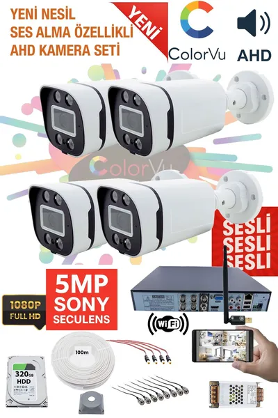 Kadraj 4 Kamera Sesli Güvenlik Seti - 5MP Sony SecuLens, 1080p HD AHD, Gece Renkli Görüş, 4x Ultra Warm LED, Colorvu Teknolojisi, V2
