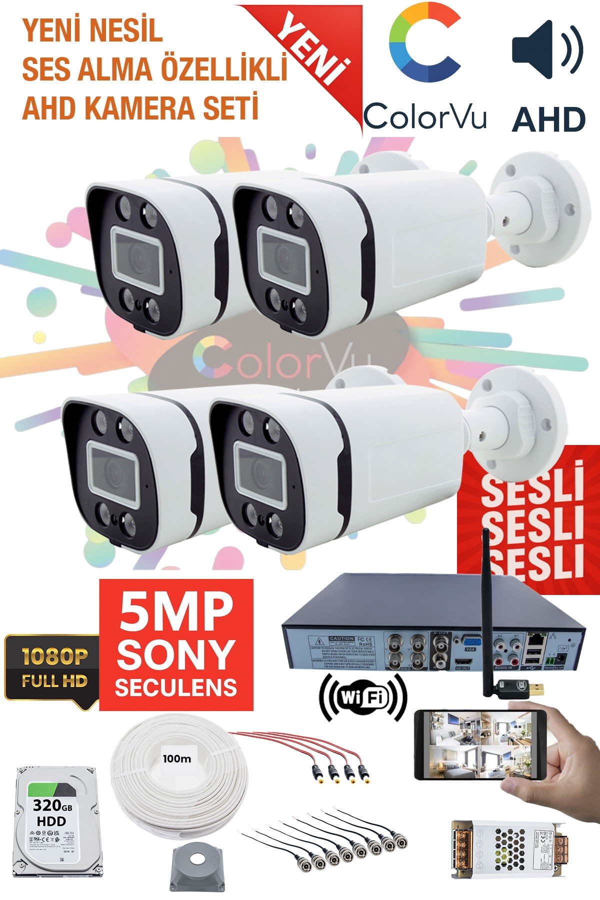 Kadraj 4 Kamera Sesli Güvenlik Seti - 5MP Sony SecuLens, 1080p HD AHD, Gece Renkli Görüş, 4x Ultra Warm LED, Colorvu Teknolojisi, V2