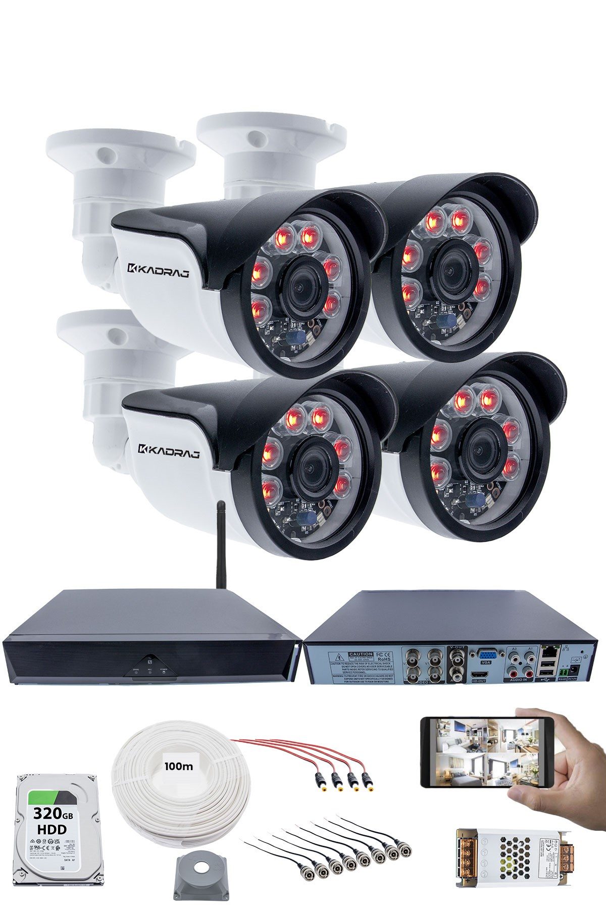 Kadraj 4 Kamera Seti - 5MP Full HD Güvenlik Kamerası, 1080p, 6 Atom LED Gece Görüşü, Su Geçirmez, Plastik Kasa, V1