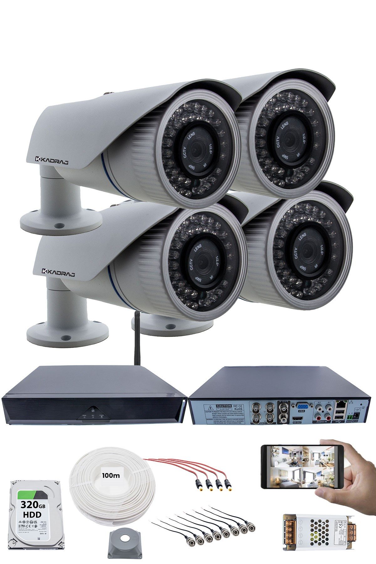 Kadraj 4 Kamera Seti - 5MP Sony SecuLens, 1080p Full HD AHD Güvenlik Kamerası, Gece Görüşü, 42 IR LED, Metal Kasa, V1