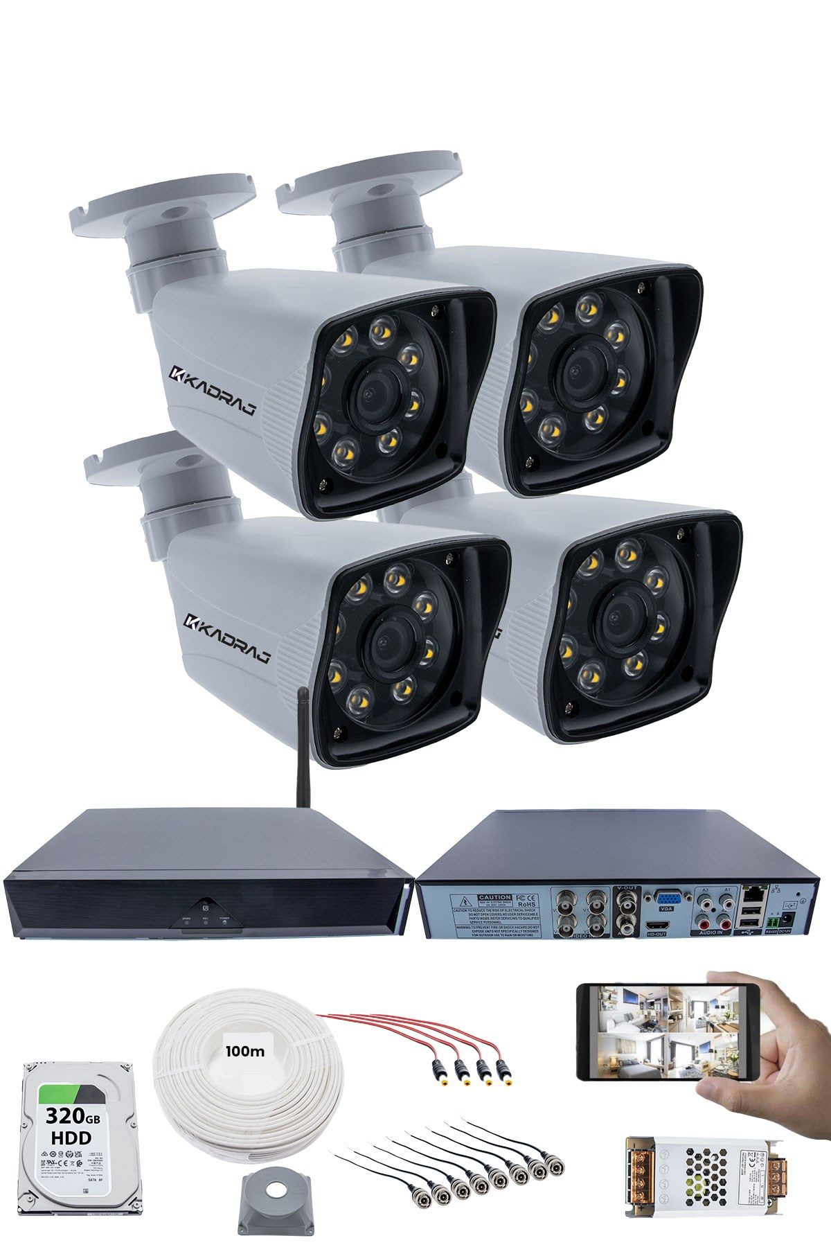 Kadraj 4 Kamera Seti - 5MP Sony SecuLens, 1080p Full HD AHD Güvenlik Kamerası, Gece Görüşü, 8 Ultra Warm LED, Colorvu Teknolojisi, Plastik Kasa, V1